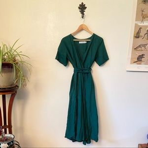 Emerald linen wrap maxi dress